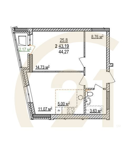 2-комн, 44.27 м², 9-16 этаж