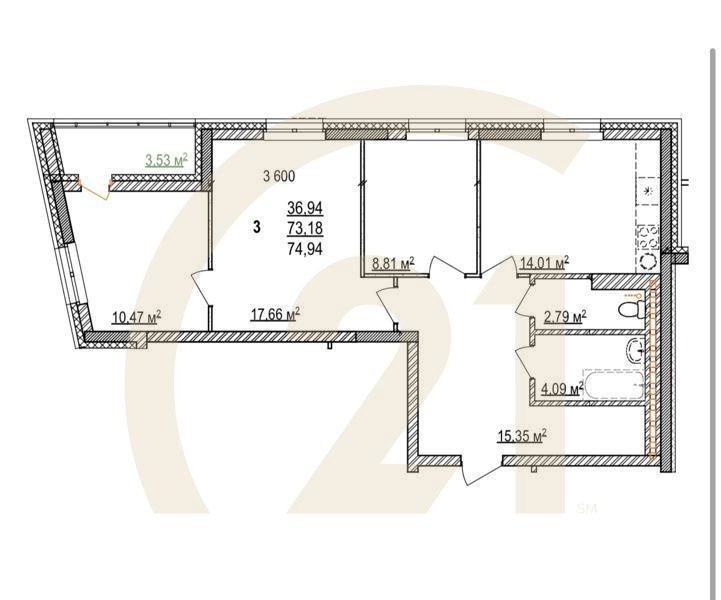 3-комн, 74.94 м², 4-17 этаж