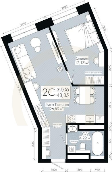 2-комн, 43.35 м², 10-30 этаж