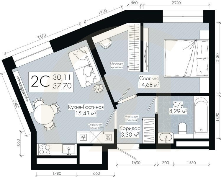 2-комн, 37.7 м², 2-30 этаж