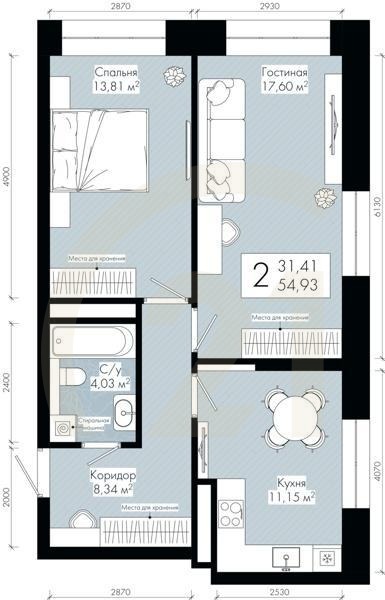 2-комн, 54.93 м², 10-30 этаж