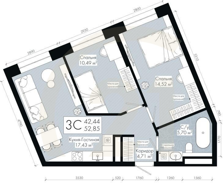 3-комн, 52.85 м², 4-30 этаж