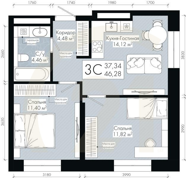 3-комн, 46.28 м², 4-30 этаж