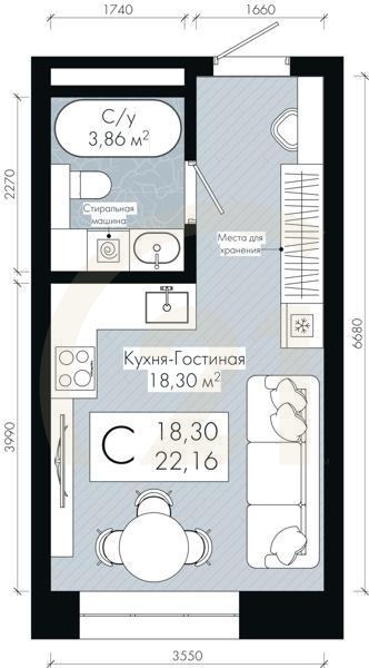 Студия, 22.16 м², 6-29 этаж