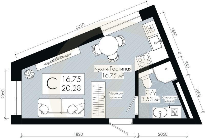 Студия, 20.28 м², 2-30 этаж