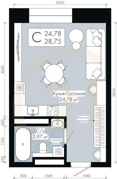 Студия, 28.75 м², 2-30 этаж