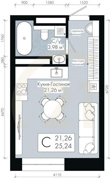 Студия, 25.24 м², 2-30 этаж