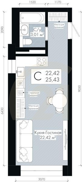Студия, 25.43 м², 12-30 этаж