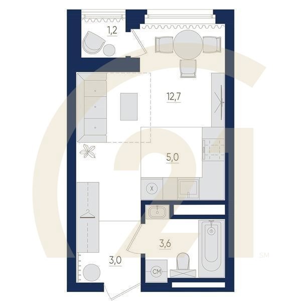 1-комн, 24.9 м², 9-12 этаж