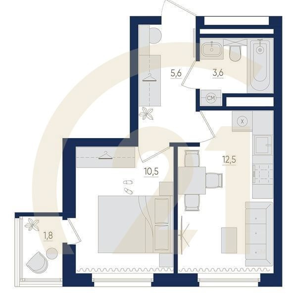 1-комн, 33.1 м², 12-14 этаж