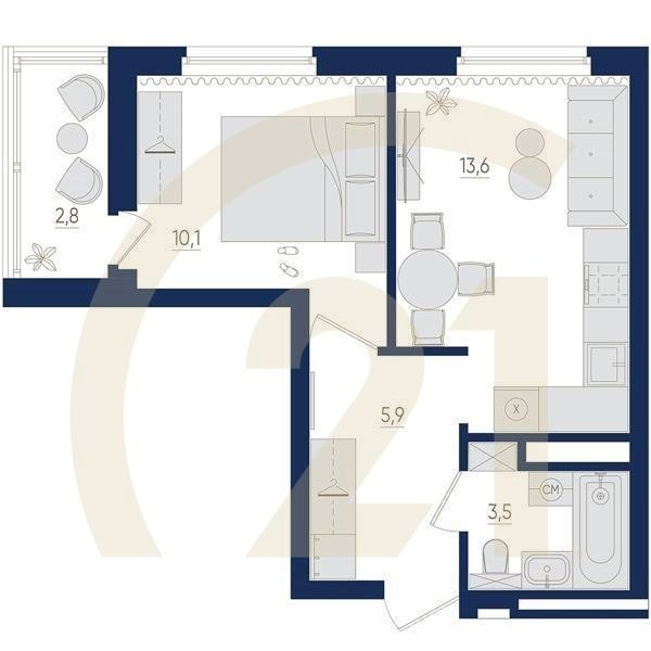 1-комн, 34.5 м², 11-14 этаж