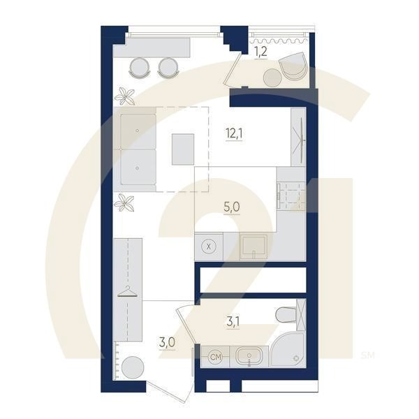 1-комн, 23.8 м², 18 этаж