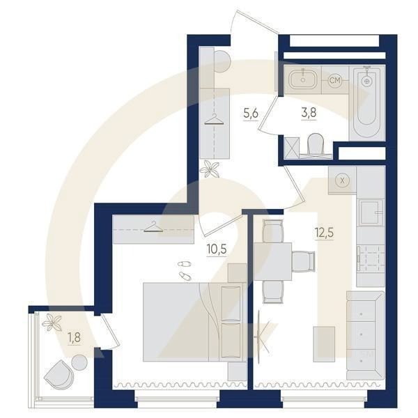1-комн, 33.3 м², 7-8 этаж