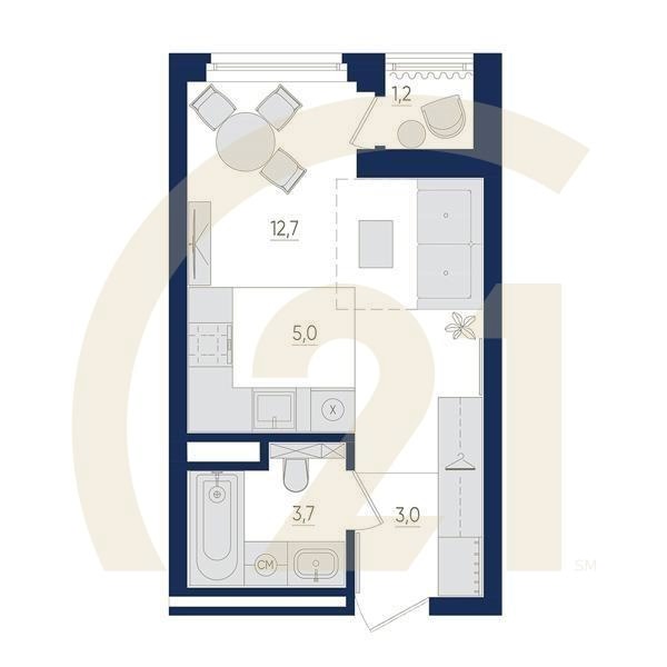 1-комн, 25 м², 8-10 этаж