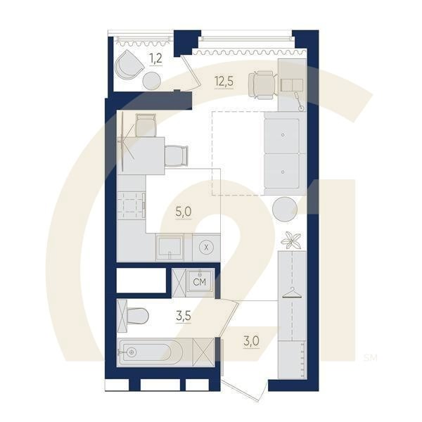 1-комн, 24.6 м², 7-8 этаж