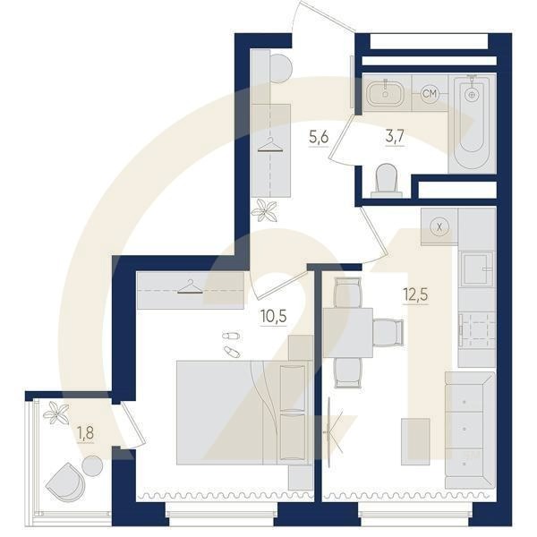1-комн, 33.2 м², 9-10 этаж