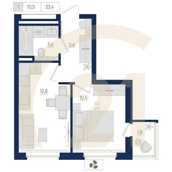 1-комн, 33.4 м², 2 этаж