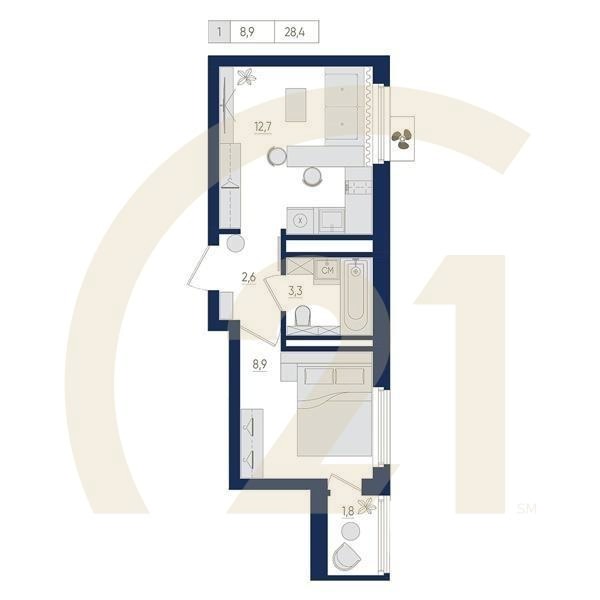 1-комн, 28.4 м², 13 этаж
