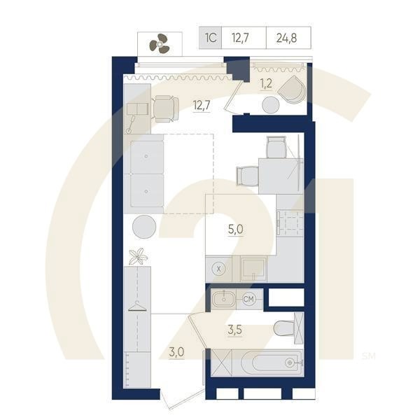 1-комн, 24.8 м², 2 этаж
