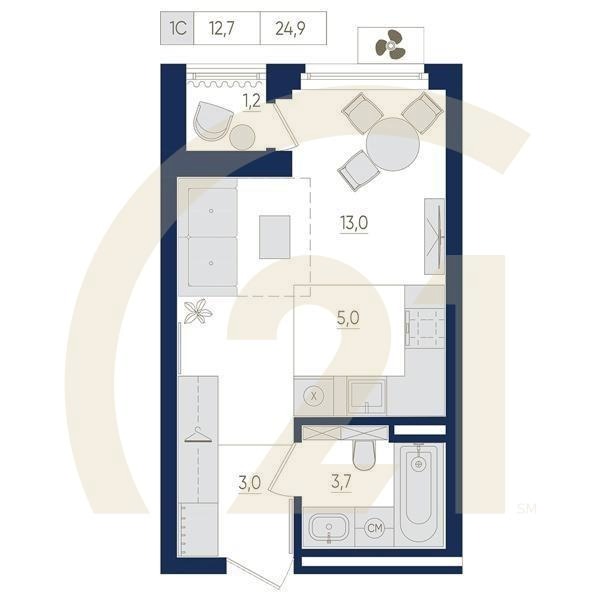 1-комн, 24.9 м², 9-14 этаж