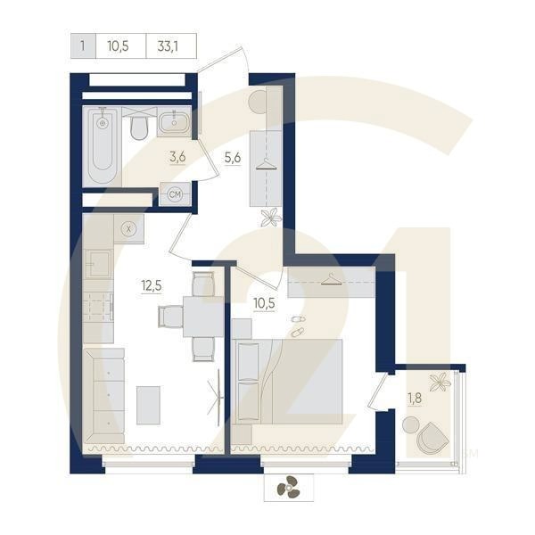 1-комн, 33.1 м², 11-14 этаж