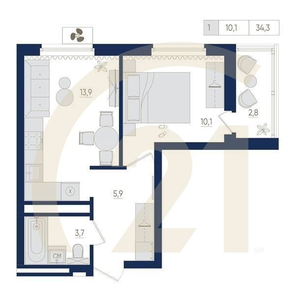 1-комн, 34.3 м², 15-22 этаж