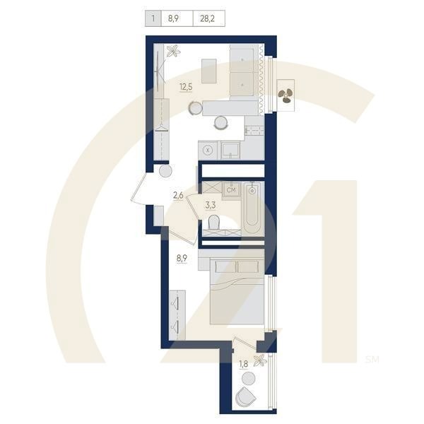 1-комн, 28.2 м², 16-22 этаж
