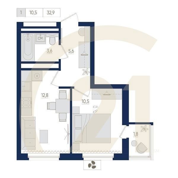 1-комн, 32.9 м², 16-22 этаж