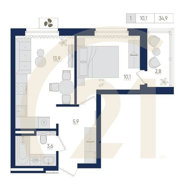 1-комн, 34.9 м², 5 этаж