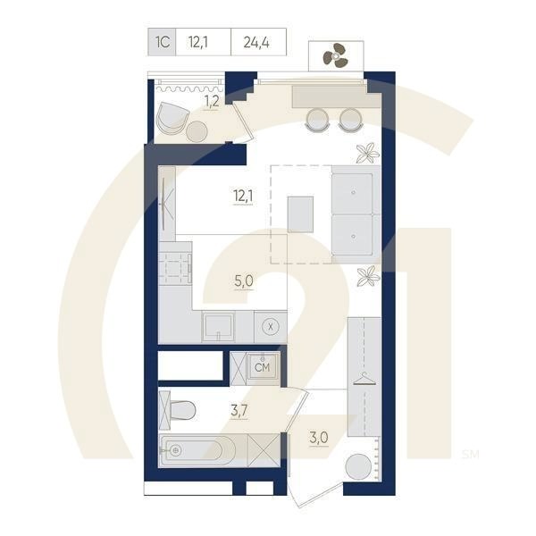 1-комн, 24.4 м², 7-9 этаж