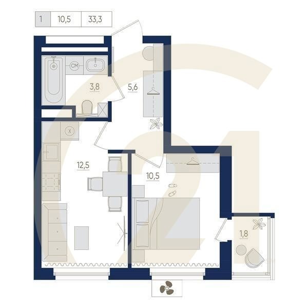 1-комн, 33.3 м², 7-8 этаж