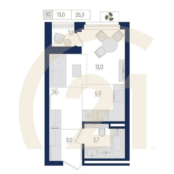 1-комн, 25.3 м², 2 этаж