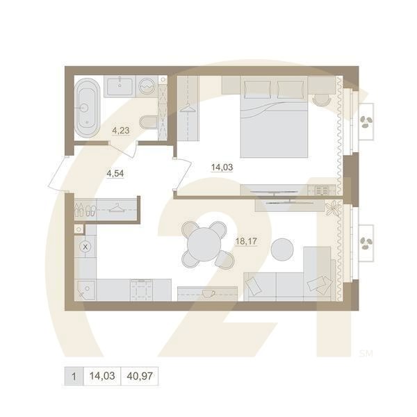 1-комн, 40.97 м², 8-15 этаж