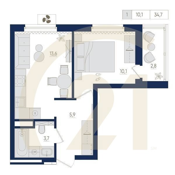 1-комн, 34.7 м², 6-8 этаж