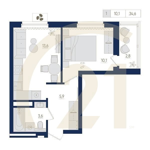 1-комн, 34.6 м², 9-10 этаж