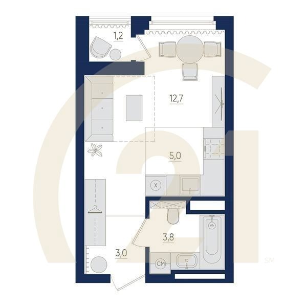 1-комн, 25.1 м², 8 этаж