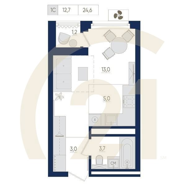 1-комн, 24.6 м², 7-22 этаж