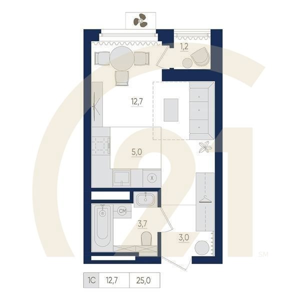 1-комн, 25 м², 7-10 этаж