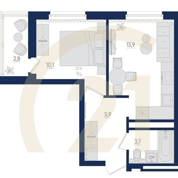 1-комн, 34.3 м², 15-19 этаж