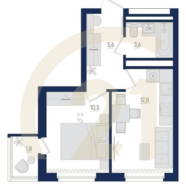 1-комн, 32.9 м², 15-16 этаж