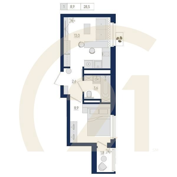 1-комн, 28.5 м², 12 этаж