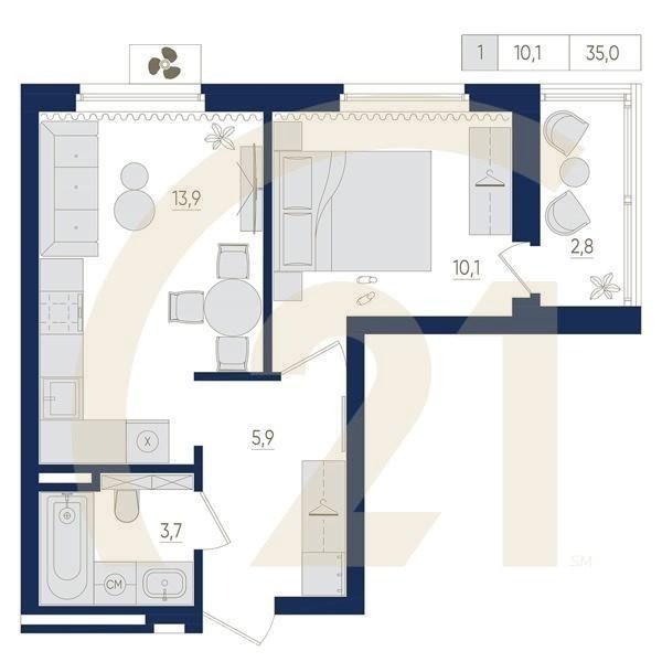 1-комн, 35 м², 2 этаж