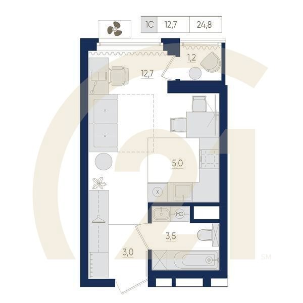 1-комн, 24.7 м², 2 этаж