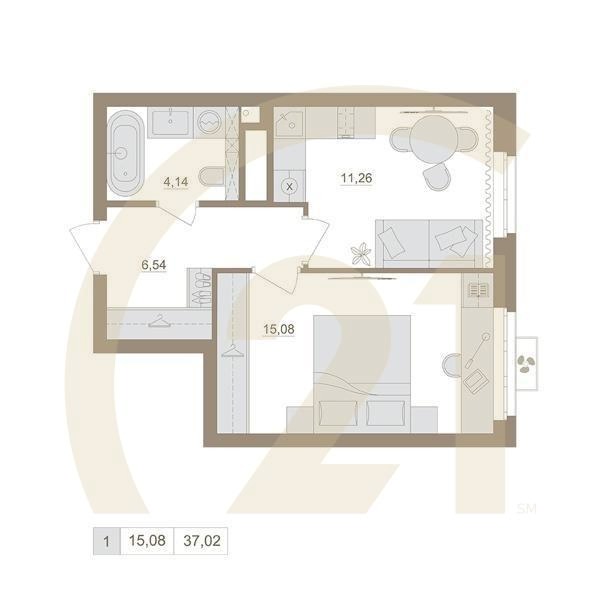 1-комн, 37.02 м², 3-20 этаж