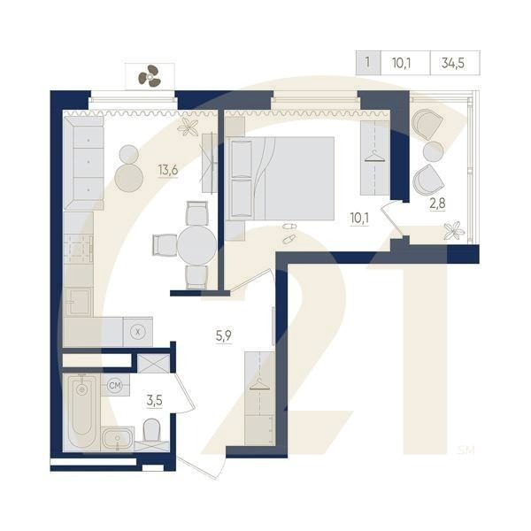 1-комн, 34.5 м², 11-14 этаж