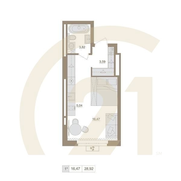 1-комн, 28.92 м², 4-20 этаж