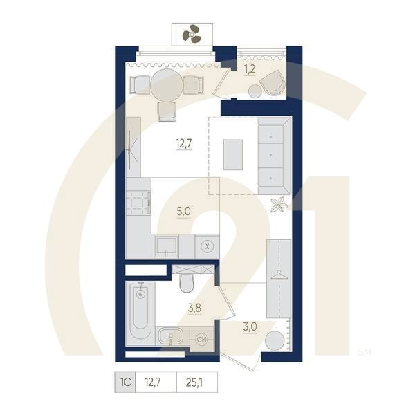 1-комн, 25.1 м², 7-8 этаж