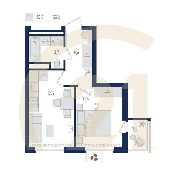 1-комн, 33.2 м², 9-10 этаж