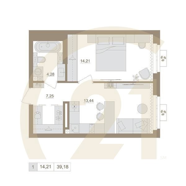 1-комн, 39.18 м², 8-15 этаж