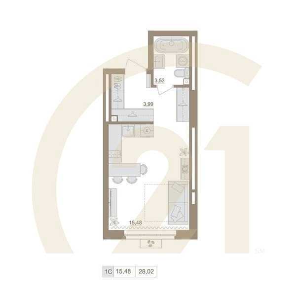 1-комн, 28.02 м², 5-17 этаж